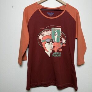 NEW Svaha Amelia Earhart Women Shirt Large Maroon Cotton 3/4 Sleeve Graphic Tee